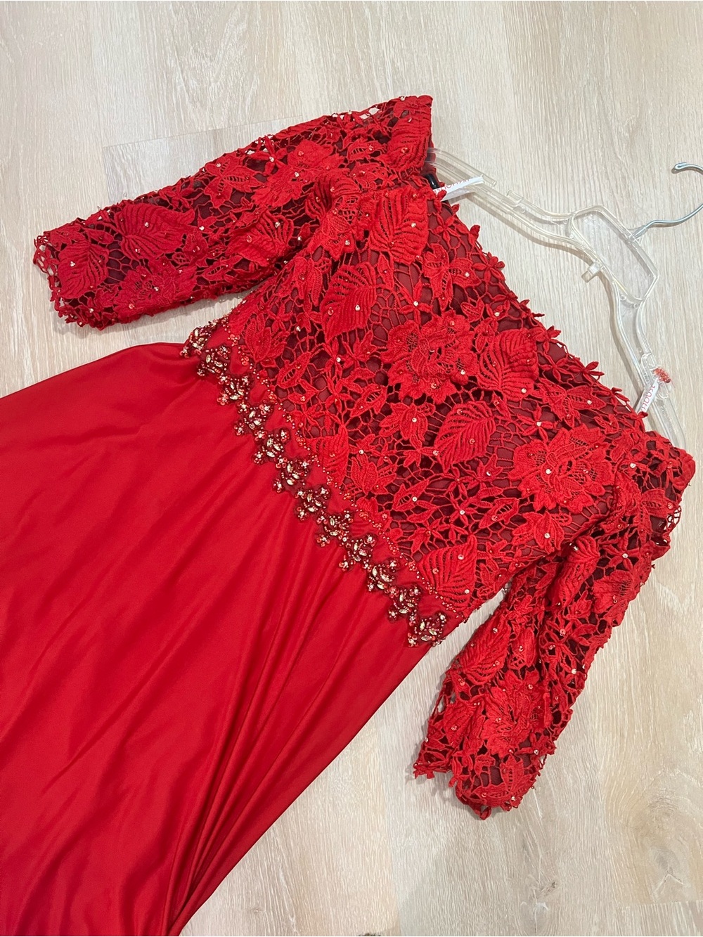 JJ’s House Red Off-Shoulder Lace Sequin Maxi Evening Dress
